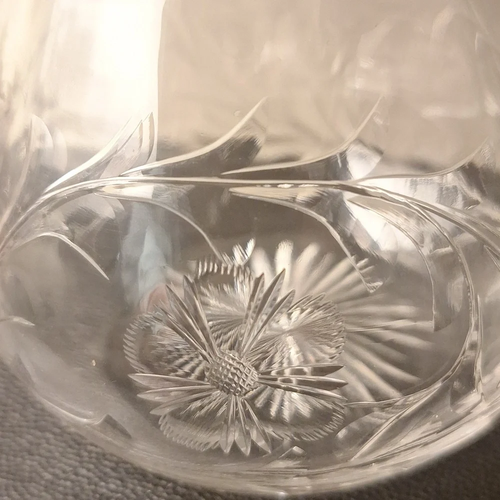 Vintage Glass Bulbous Rose Vase Engraved Floral and Leaf Pattern 4